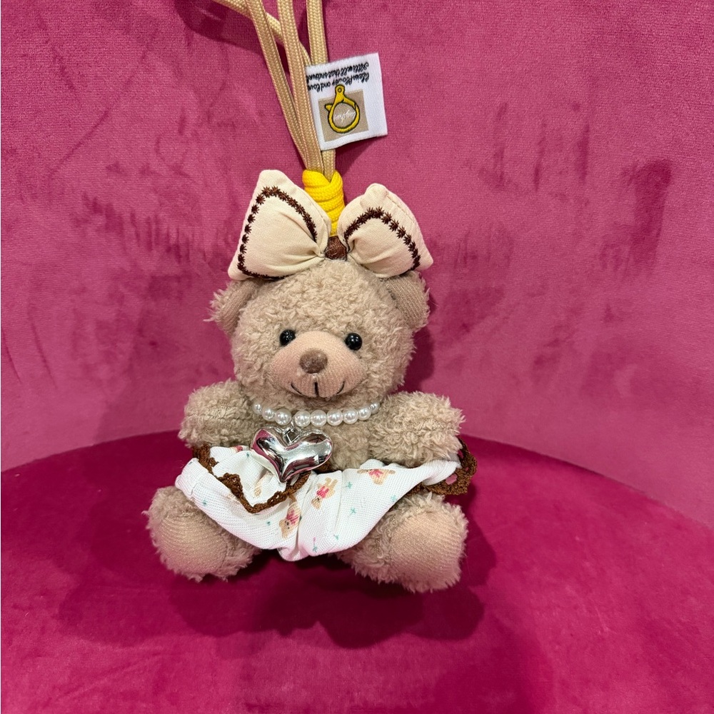 Cute Beige Teddy Bear Keychain bag charm with Bow & Pearl Necklace